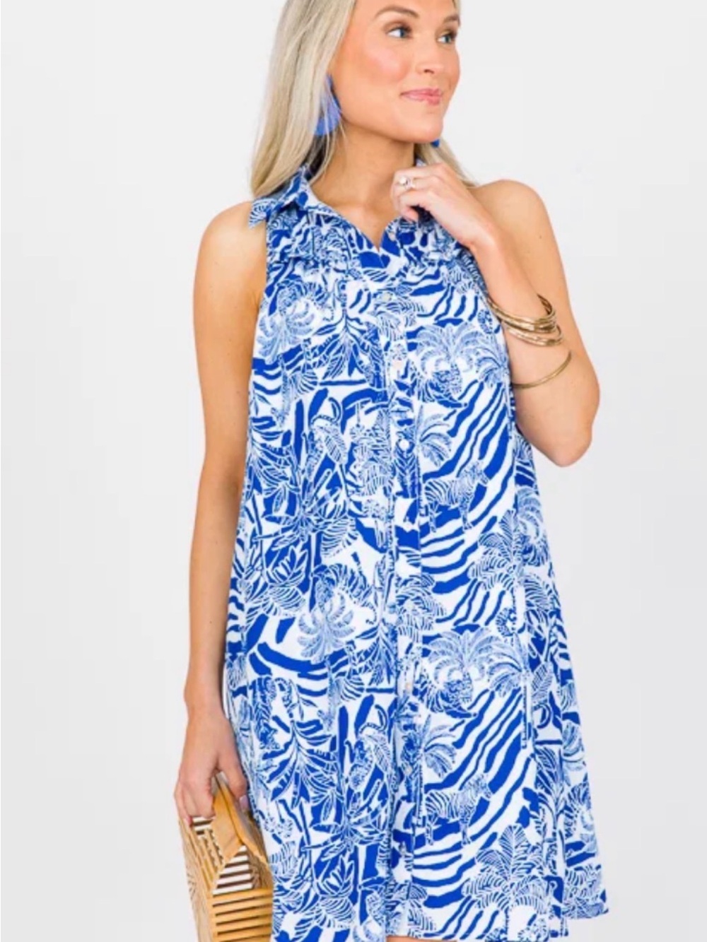 Entro Blue Animal Zebra Tiger Monkey Print Dress Size Medium
